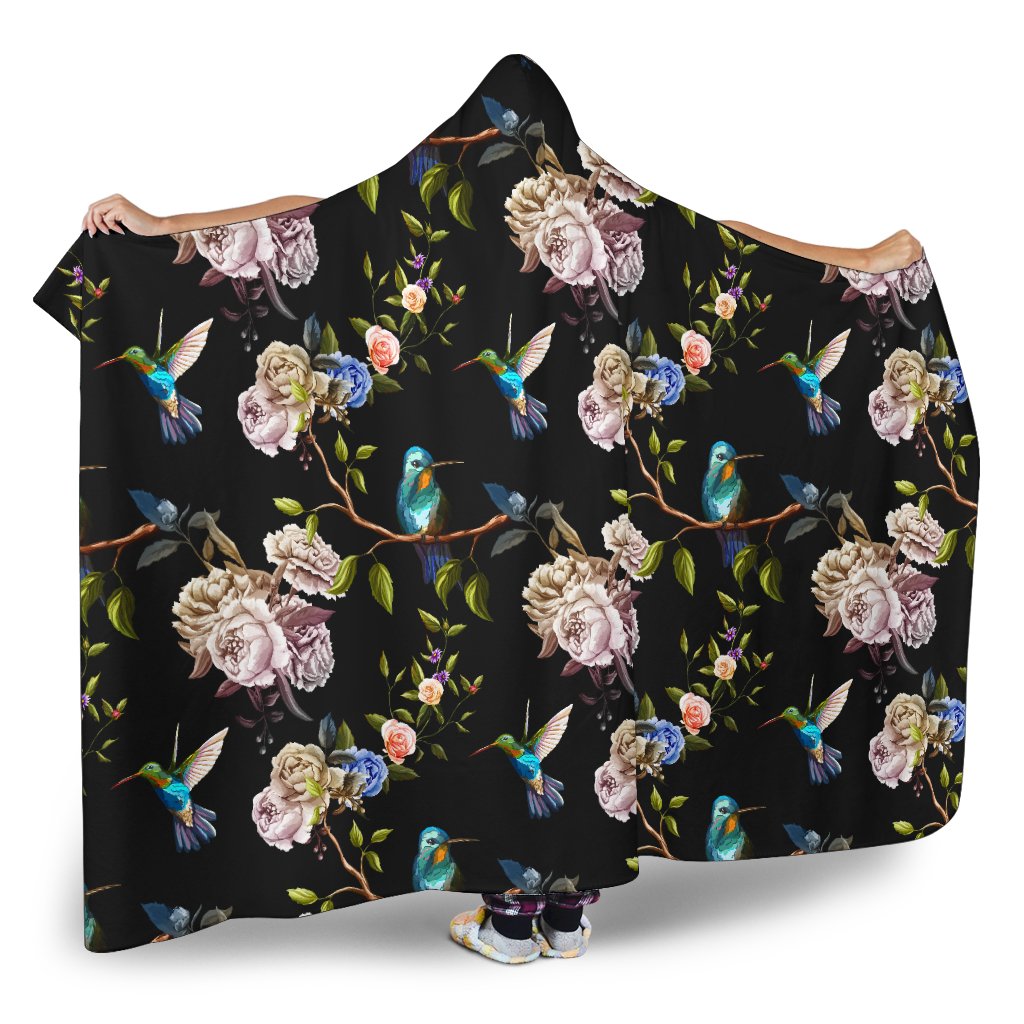 Hummingbird Flower Themed Print Hooded Blanket-JTAMIGO.COM