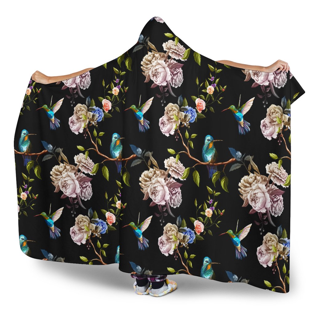Hummingbird Flower Themed Print Hooded Blanket-JTAMIGO.COM