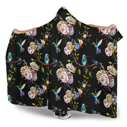 Hummingbird Flower Themed Print Hooded Blanket-JTAMIGO.COM