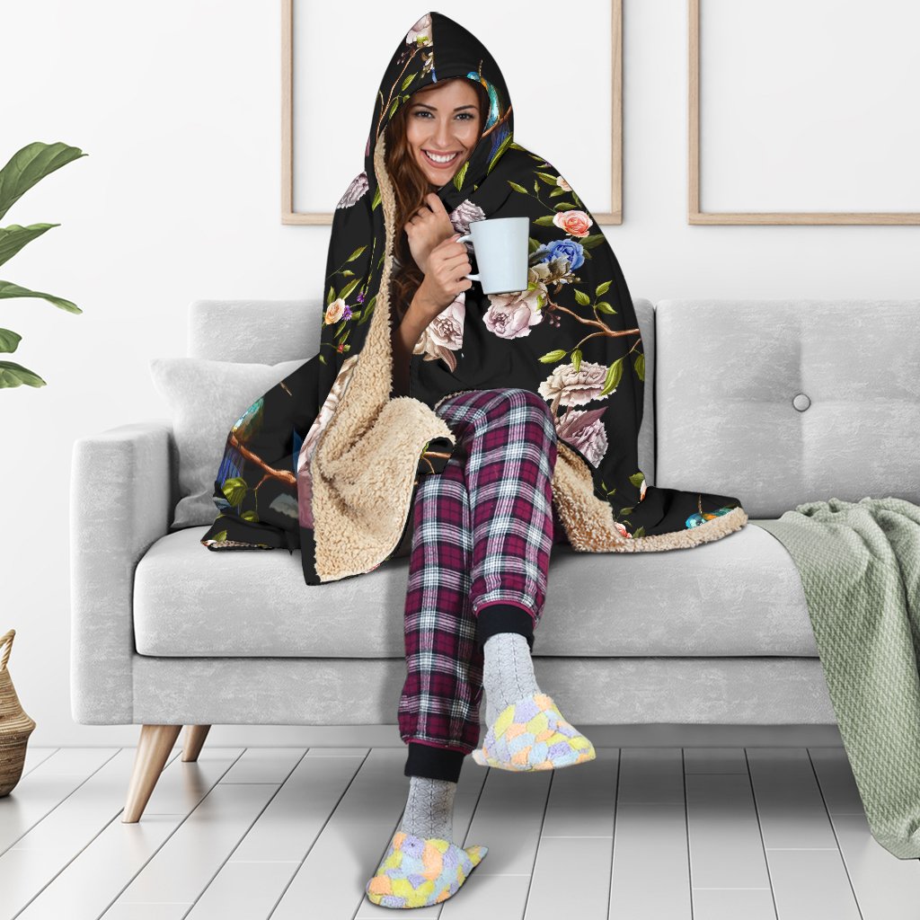 Hummingbird Flower Themed Print Hooded Blanket-JTAMIGO.COM