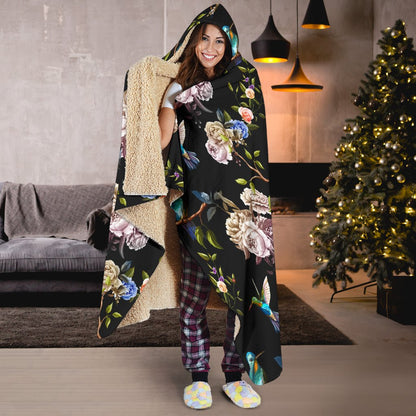 Hummingbird Flower Themed Print Hooded Blanket-JTAMIGO.COM
