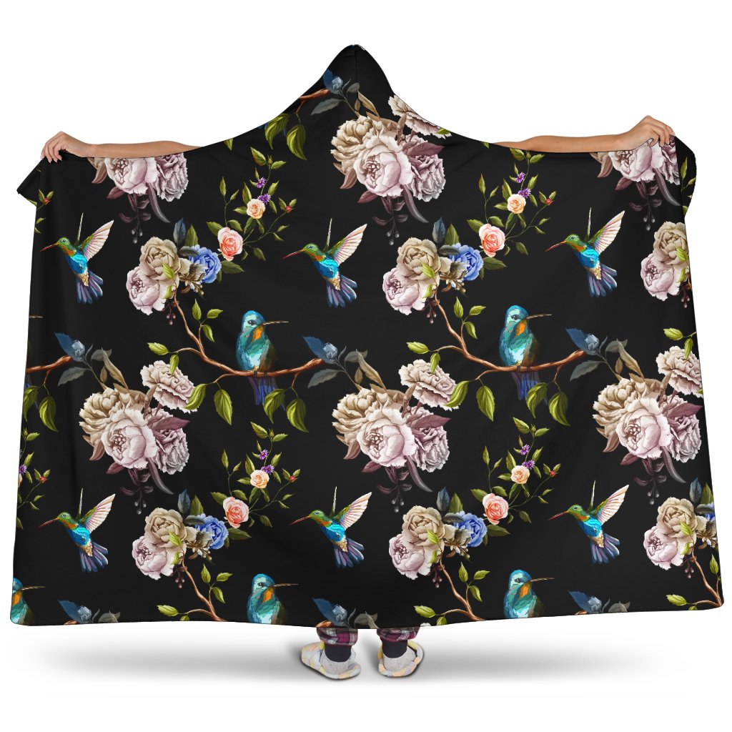 Hummingbird Flower Themed Print Hooded Blanket-JTAMIGO.COM