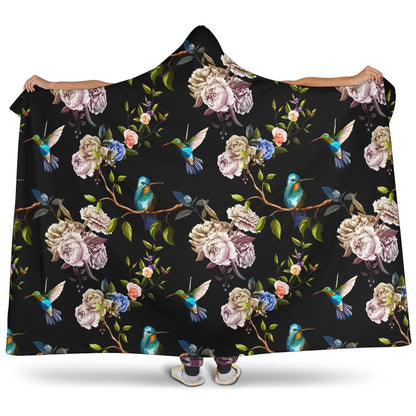 Hummingbird Flower Themed Print Hooded Blanket-JTAMIGO.COM