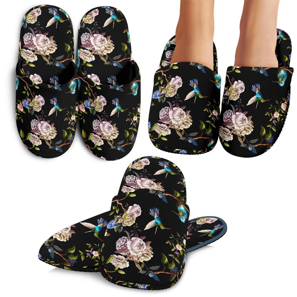 Hummingbird Flower Themed Print House Slippers
