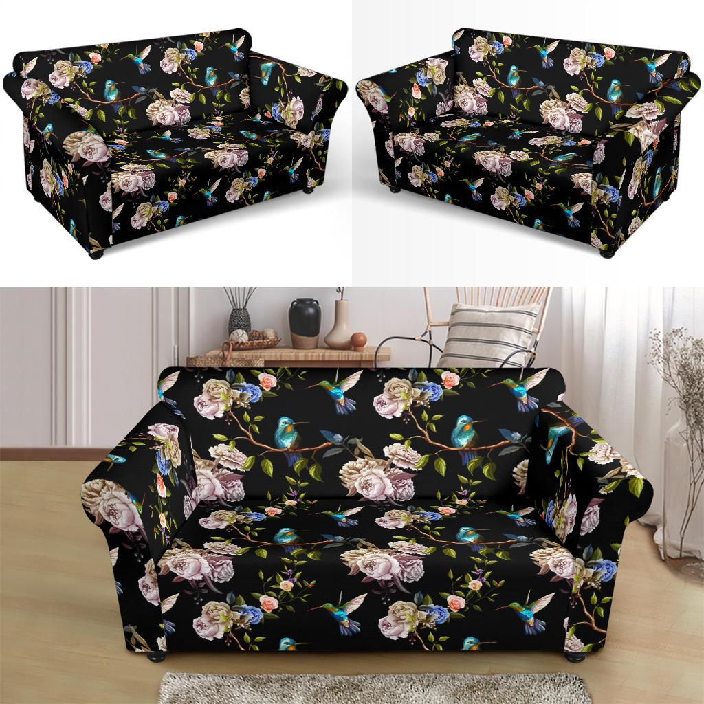 Hummingbird Flower Themed Print Loveseat Slipcover-JTAMIGO.COM