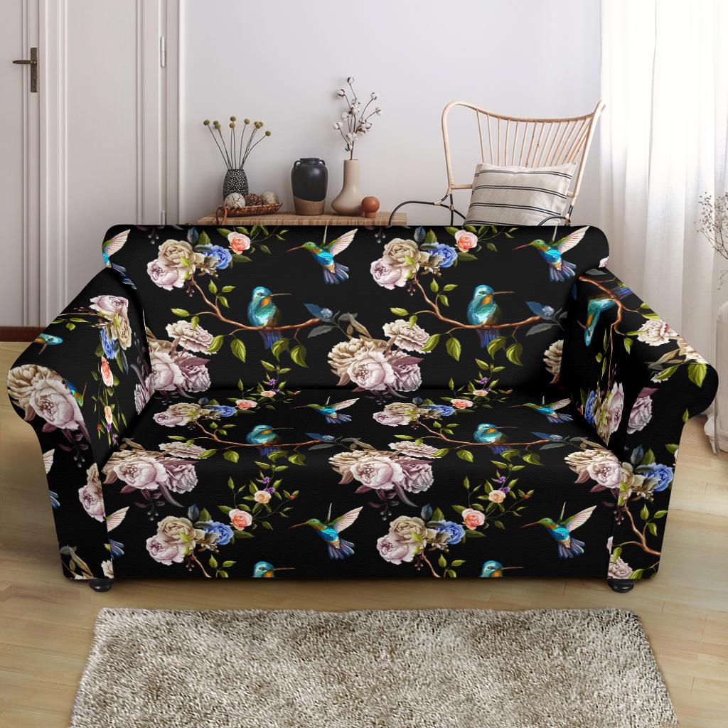 Hummingbird Flower Themed Print Loveseat Slipcover-JTAMIGO.COM