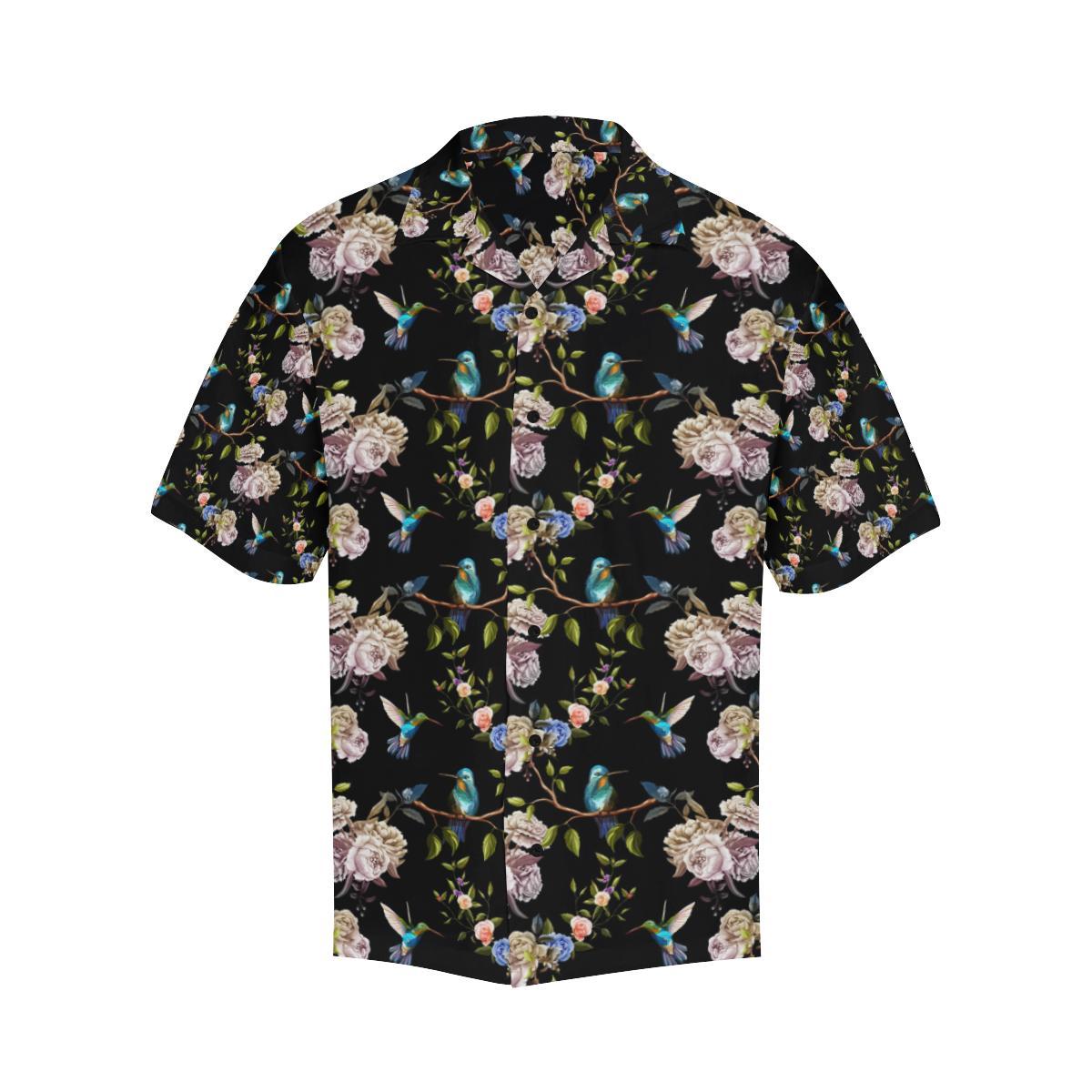 Hummingbird Flower Themed Print Men Aloha Hawaiian Shirt
