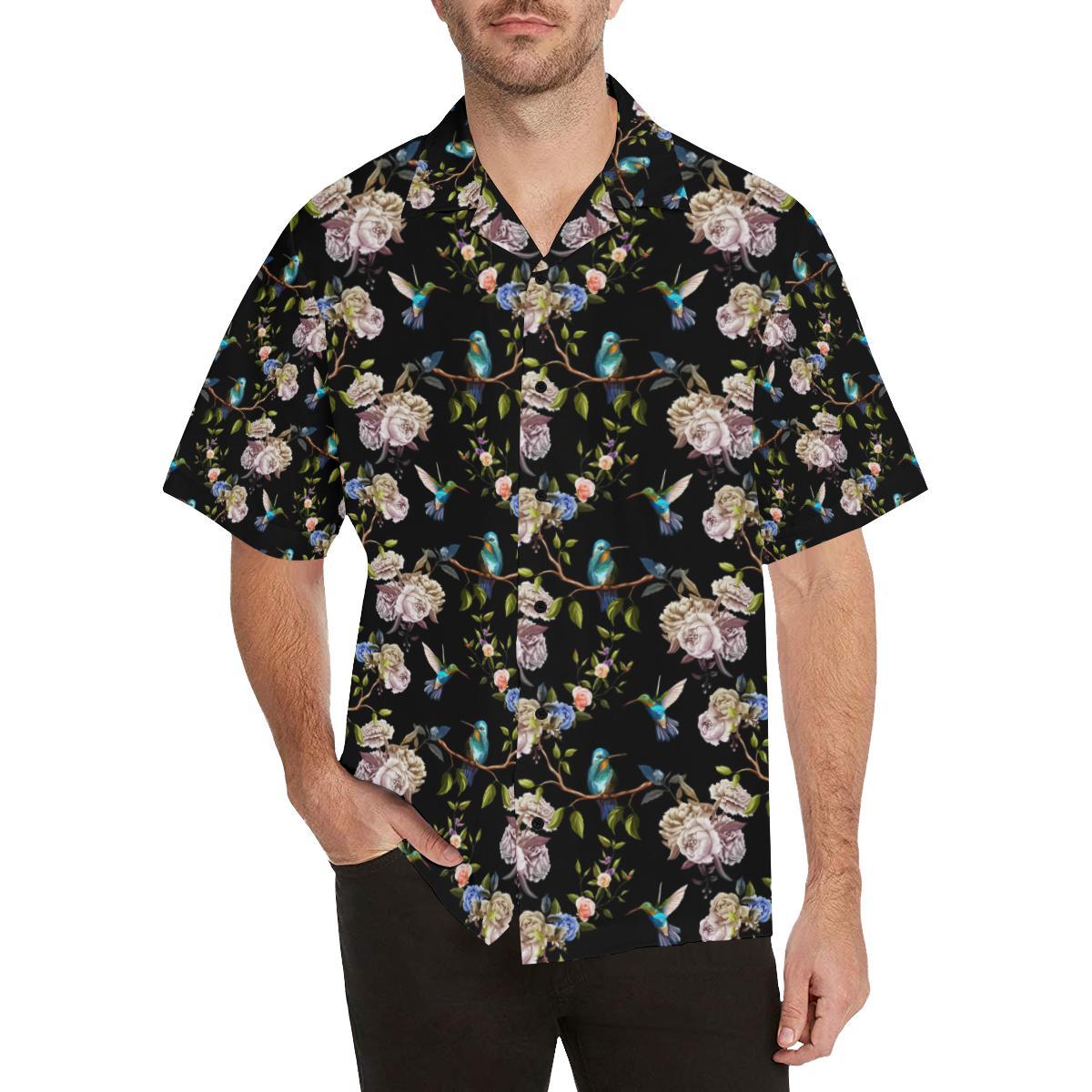 Hummingbird Flower Themed Print Men Aloha Hawaiian Shirt