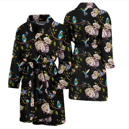 Hummingbird Flower Themed Print Men Bath Robe-JTAMIGO.COM