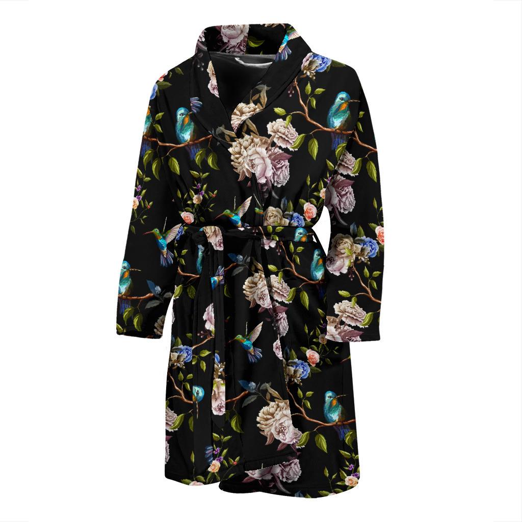 Hummingbird Flower Themed Print Men Bath Robe-JTAMIGO.COM