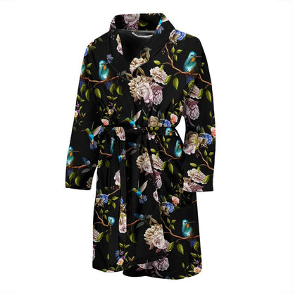 Hummingbird Flower Themed Print Men Bath Robe-JTAMIGO.COM