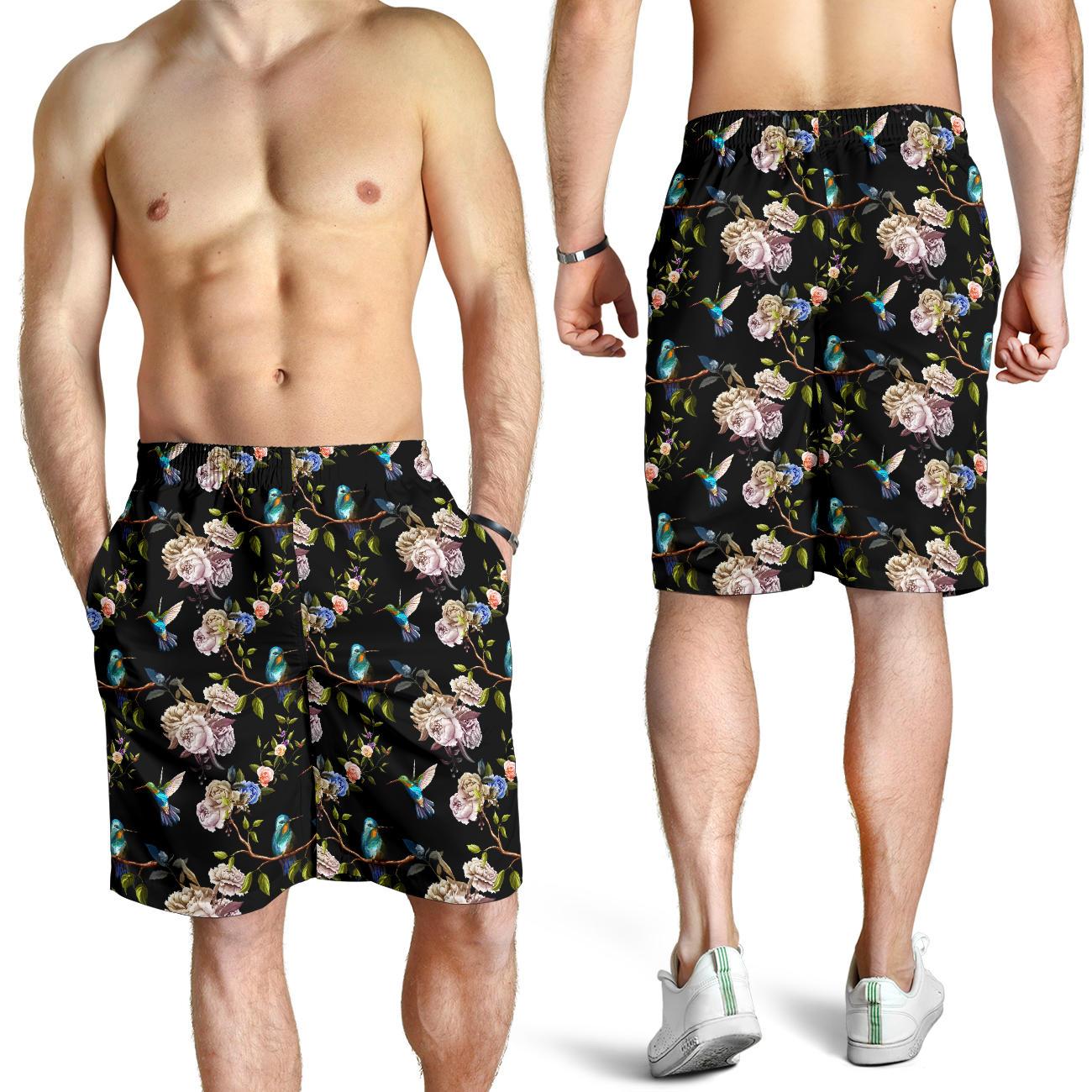 Hummingbird Flower Themed Print Mens Shorts-JTAMIGO.COM