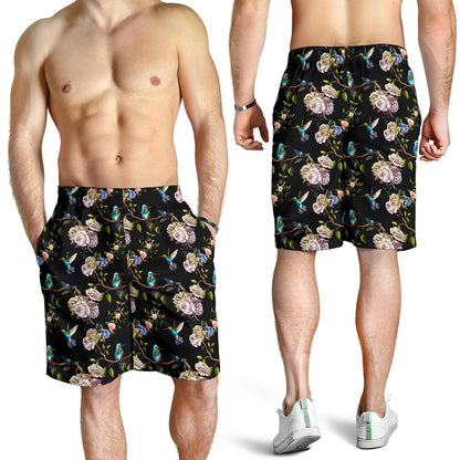 Hummingbird Flower Themed Print Mens Shorts-JTAMIGO.COM