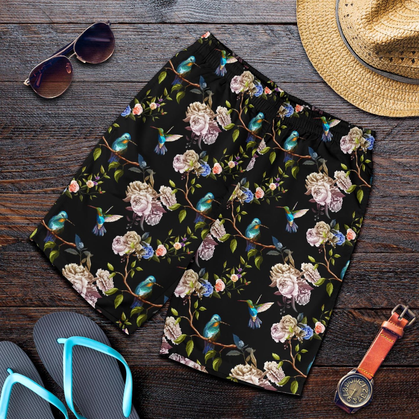 Hummingbird Flower Themed Print Mens Shorts-JTAMIGO.COM