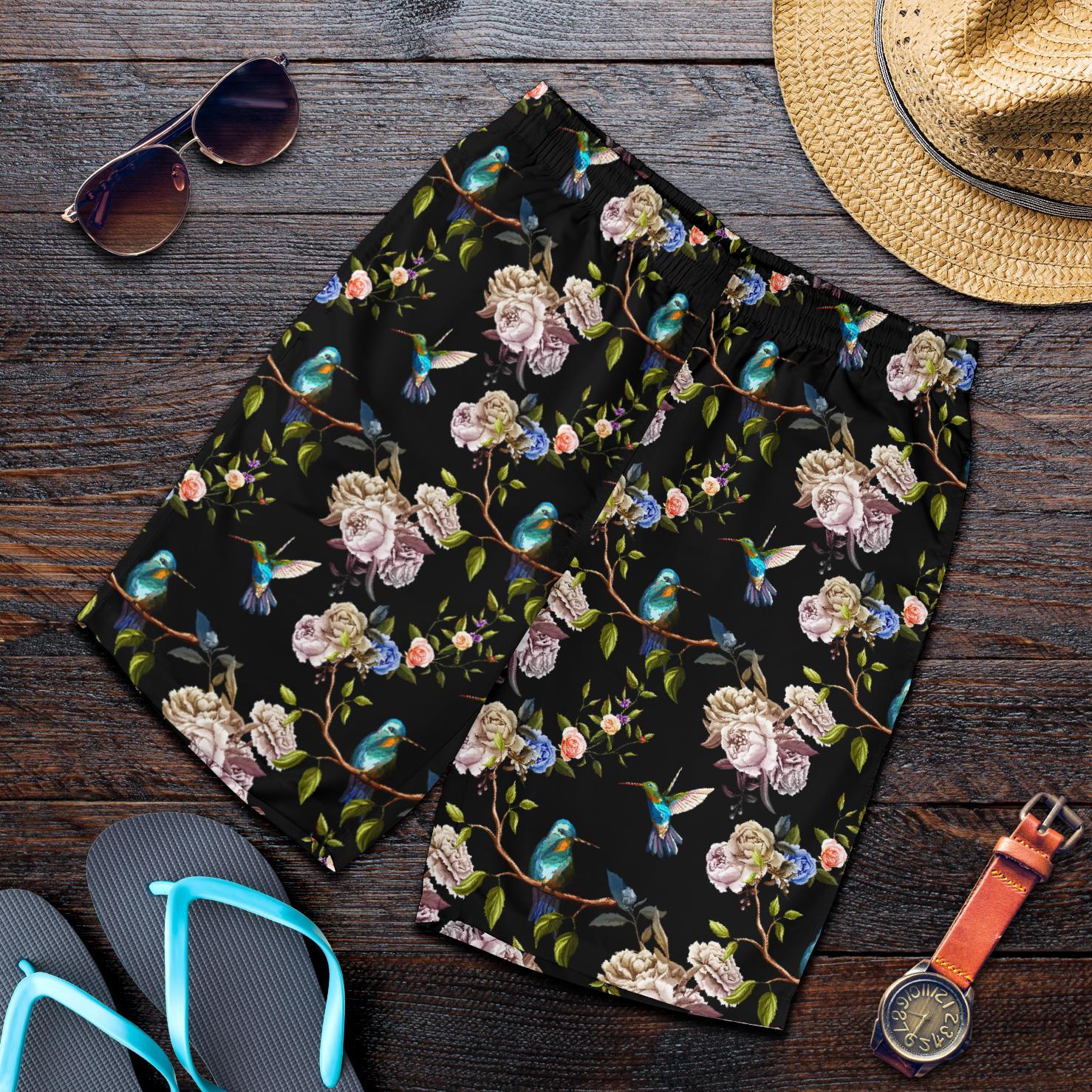 Hummingbird Flower Themed Print Mens Shorts-JTAMIGO.COM