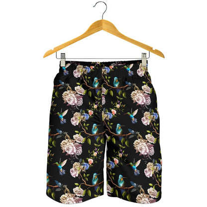 Hummingbird Flower Themed Print Mens Shorts-JTAMIGO.COM