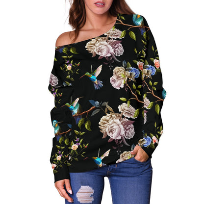Hummingbird Flower Themed Print Off Shoulder Sweatshirt