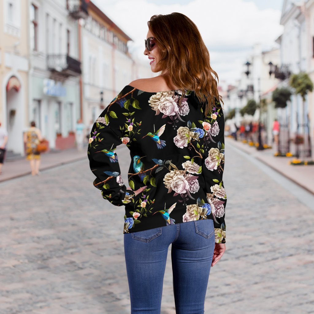 Hummingbird Flower Themed Print Off Shoulder Sweatshirt
