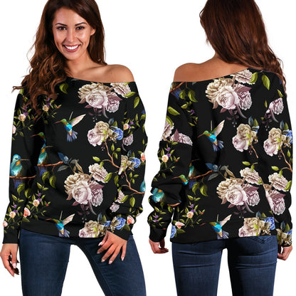 Hummingbird Flower Themed Print Off Shoulder Sweatshirt