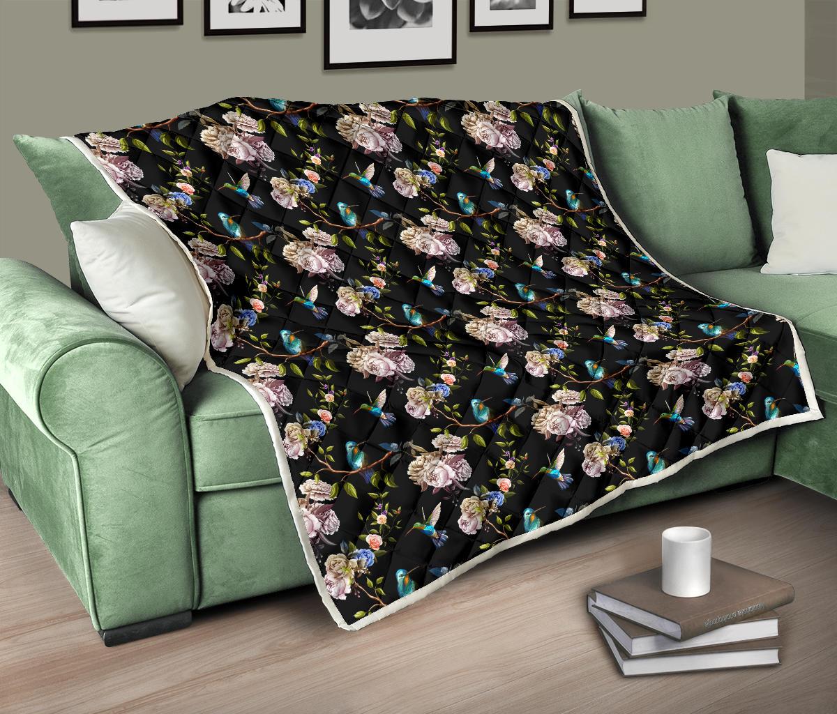 Hummingbird Flower Themed Print Premium Quilt-JTAMIGO.COM