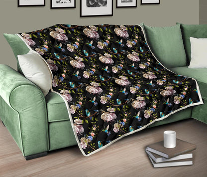 Hummingbird Flower Themed Print Premium Quilt-JTAMIGO.COM