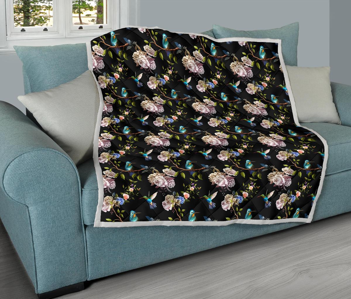Hummingbird Flower Themed Print Premium Quilt-JTAMIGO.COM