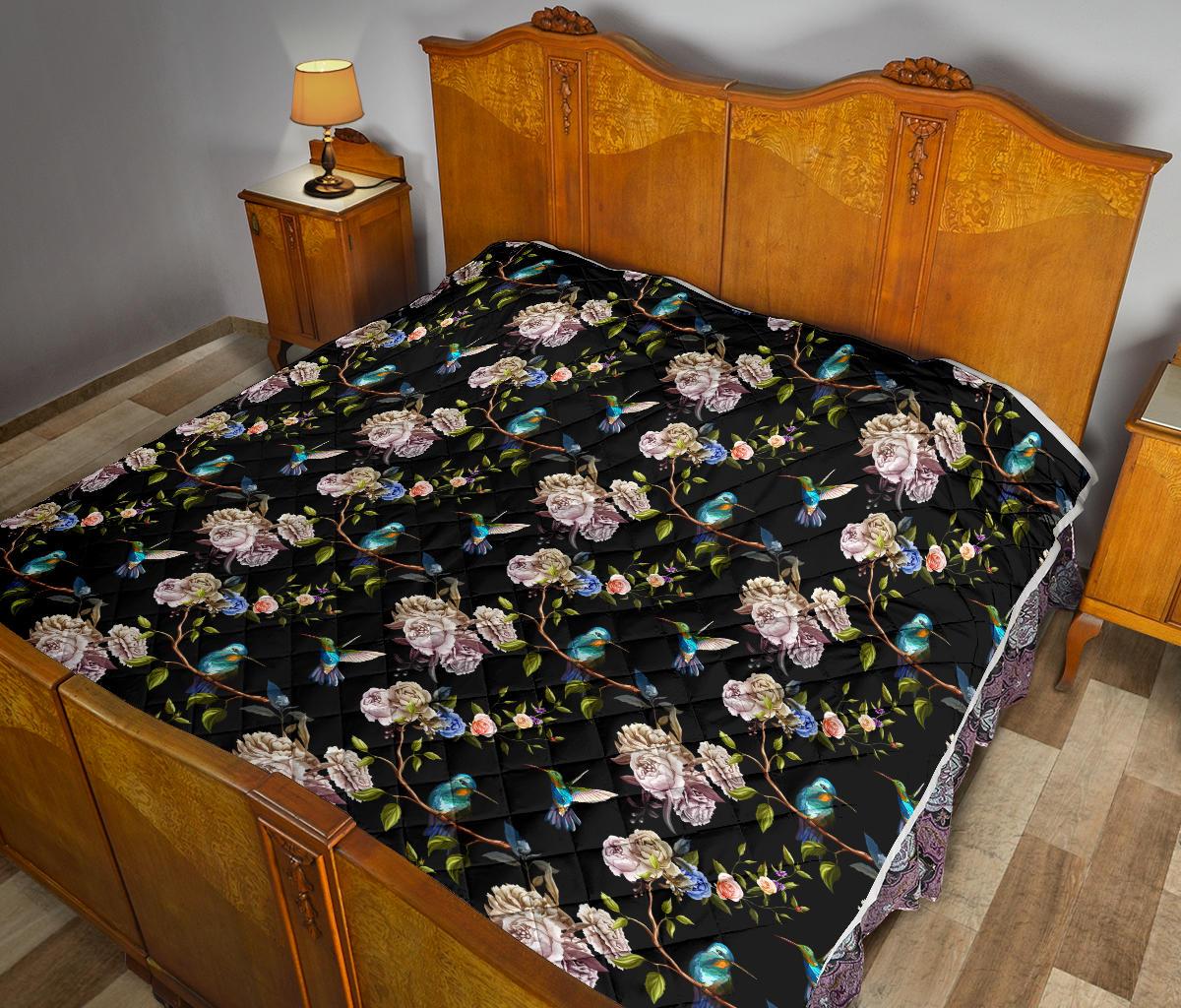 Hummingbird Flower Themed Print Premium Quilt-JTAMIGO.COM