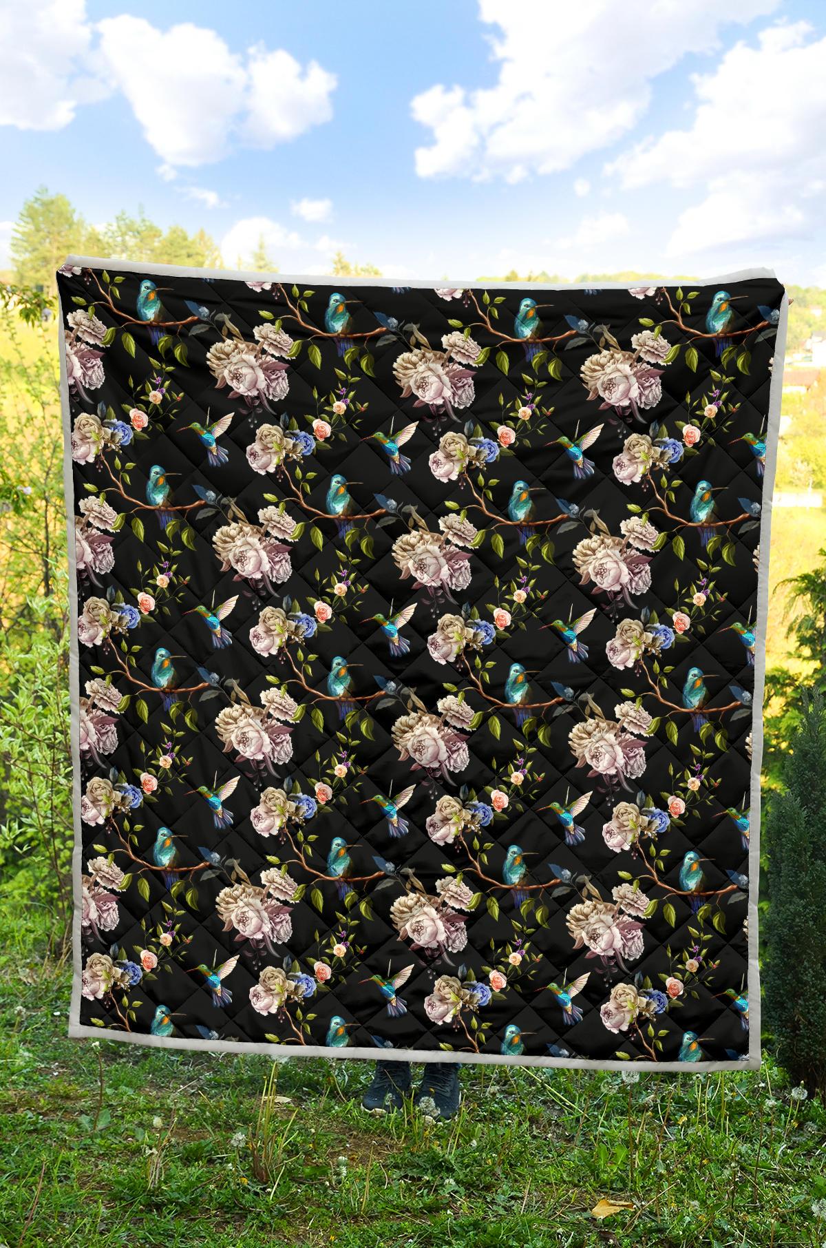 Hummingbird Flower Themed Print Premium Quilt-JTAMIGO.COM