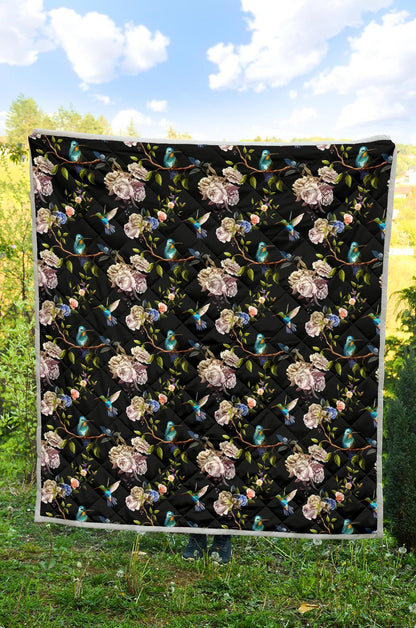 Hummingbird Flower Themed Print Premium Quilt-JTAMIGO.COM
