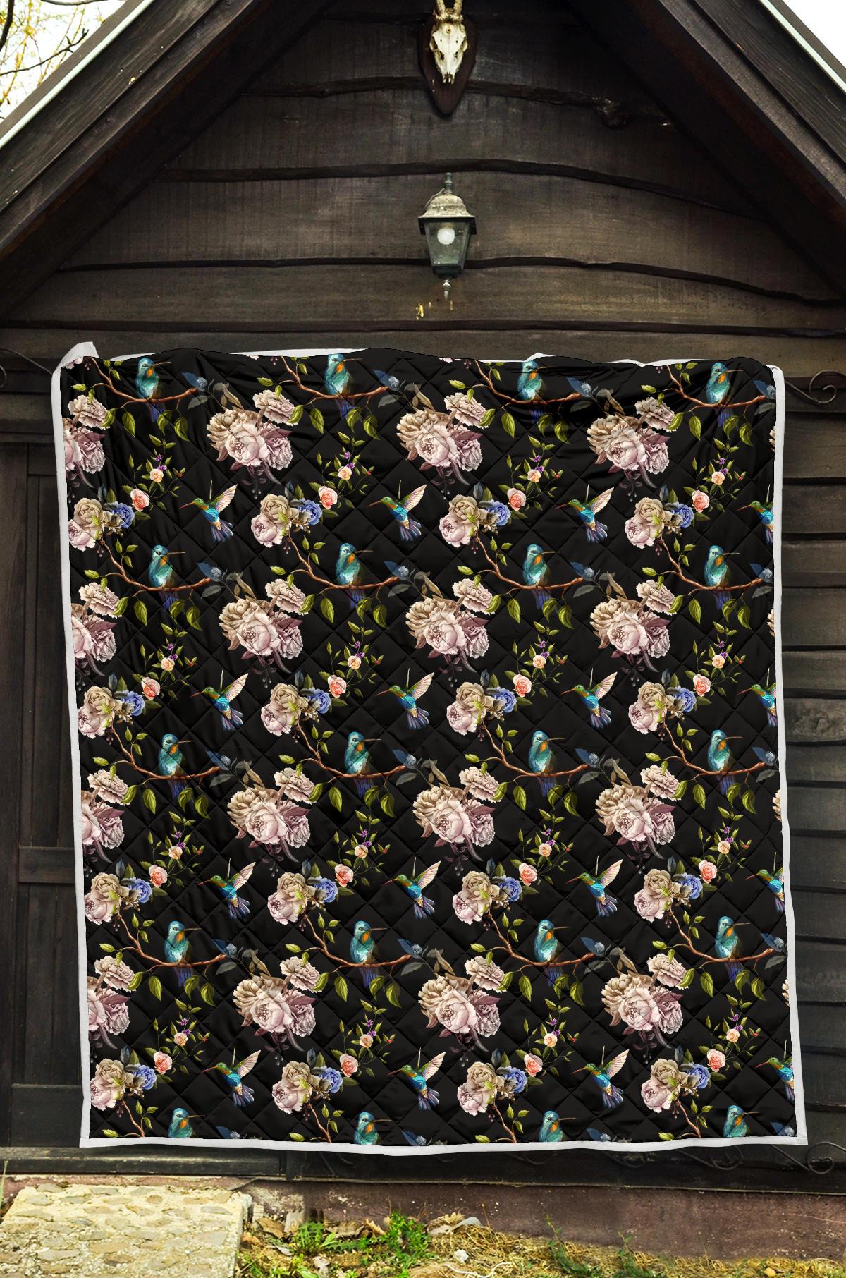 Hummingbird Flower Themed Print Premium Quilt-JTAMIGO.COM