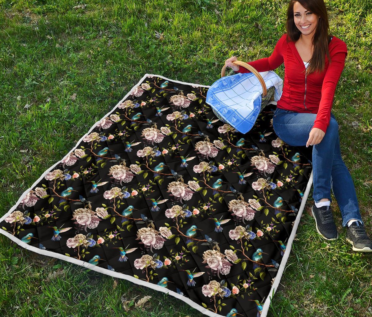 Hummingbird Flower Themed Print Premium Quilt-JTAMIGO.COM