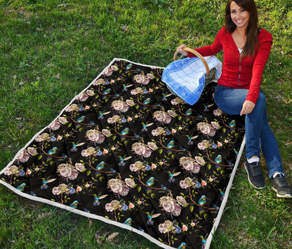 Hummingbird Flower Themed Print Premium Quilt-JTAMIGO.COM
