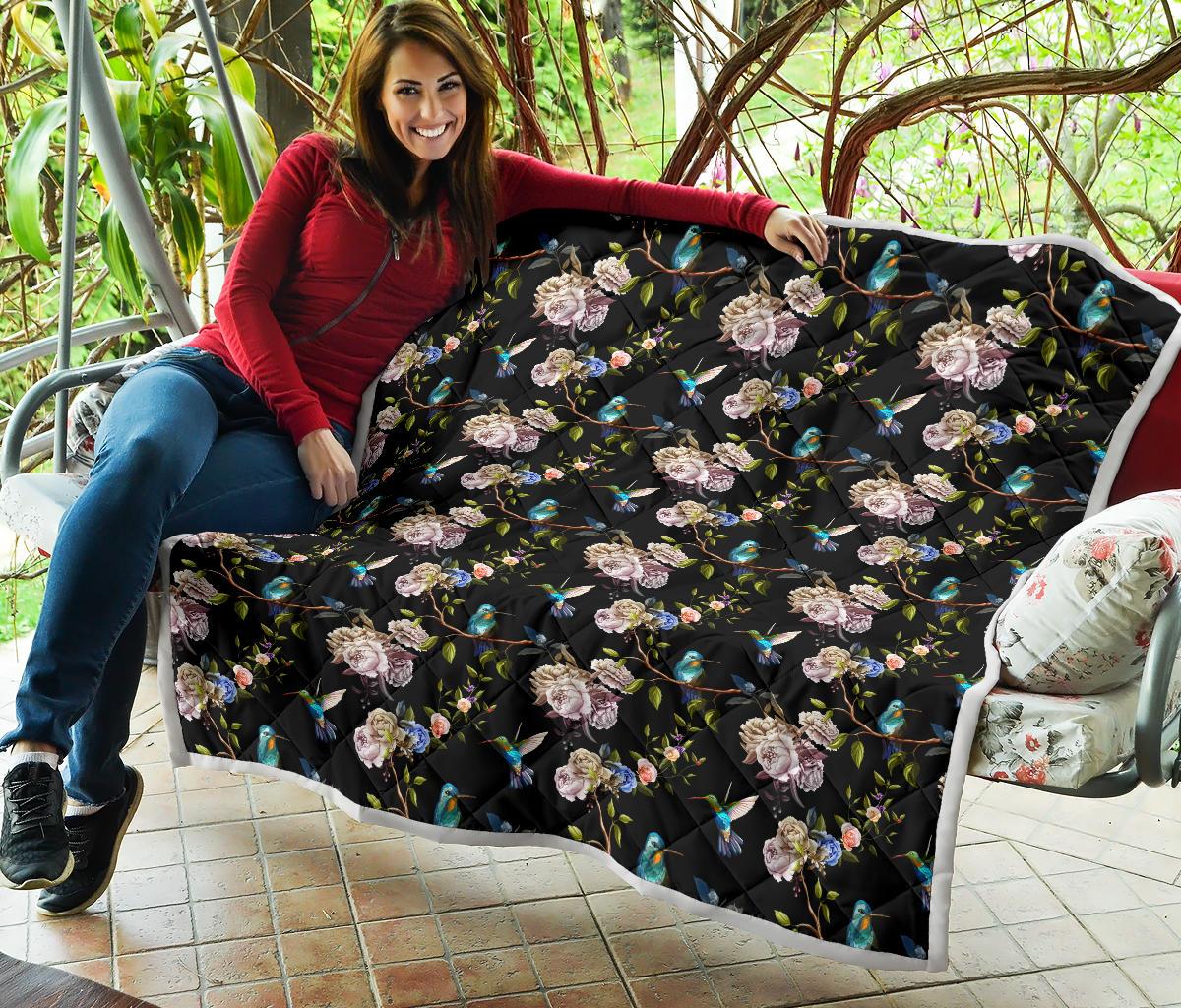 Hummingbird Flower Themed Print Premium Quilt-JTAMIGO.COM