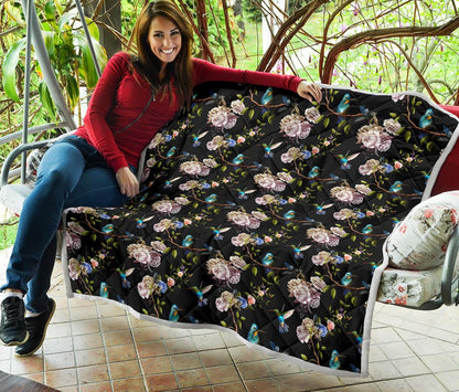 Hummingbird Flower Themed Print Premium Quilt-JTAMIGO.COM