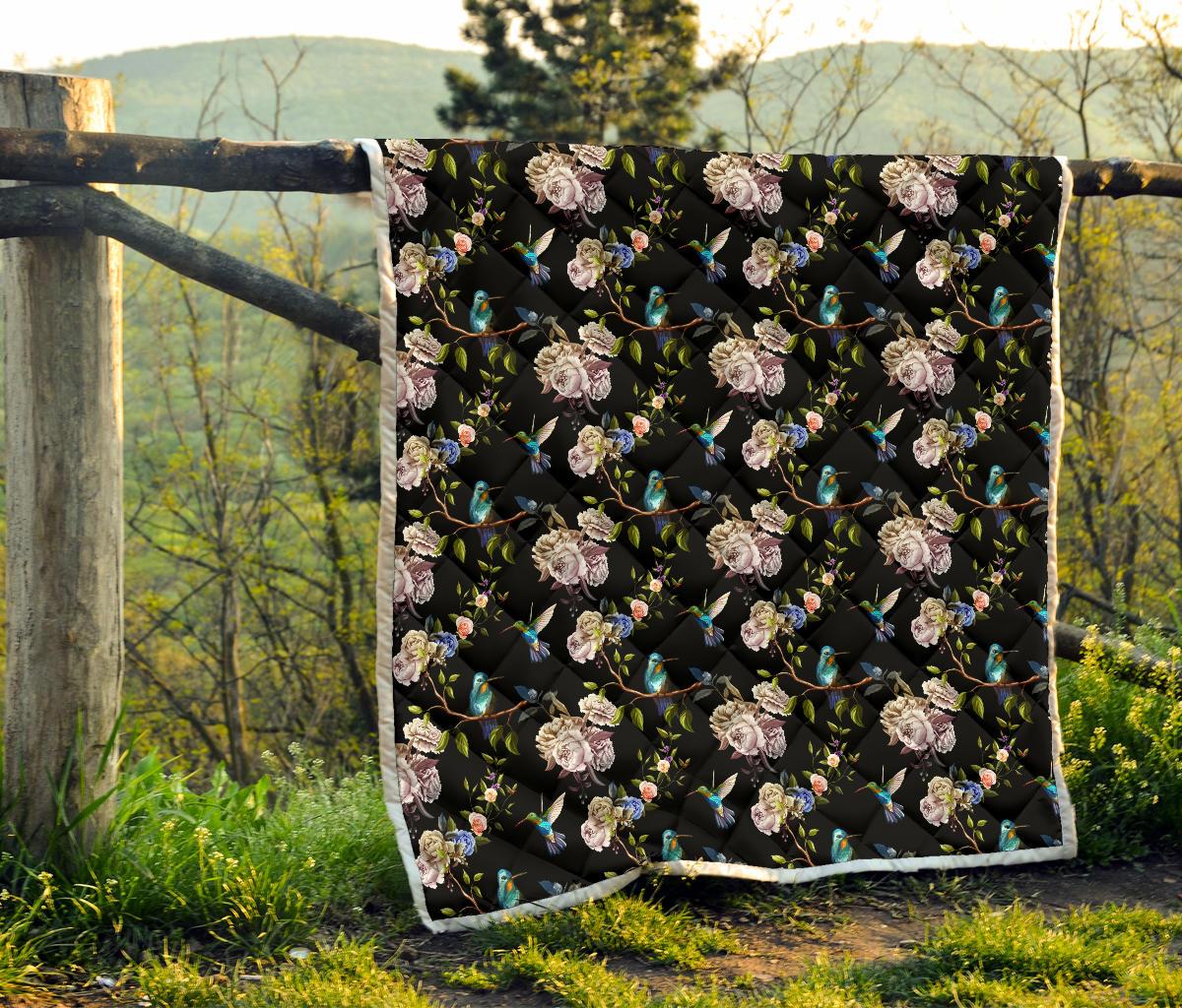 Hummingbird Flower Themed Print Premium Quilt-JTAMIGO.COM