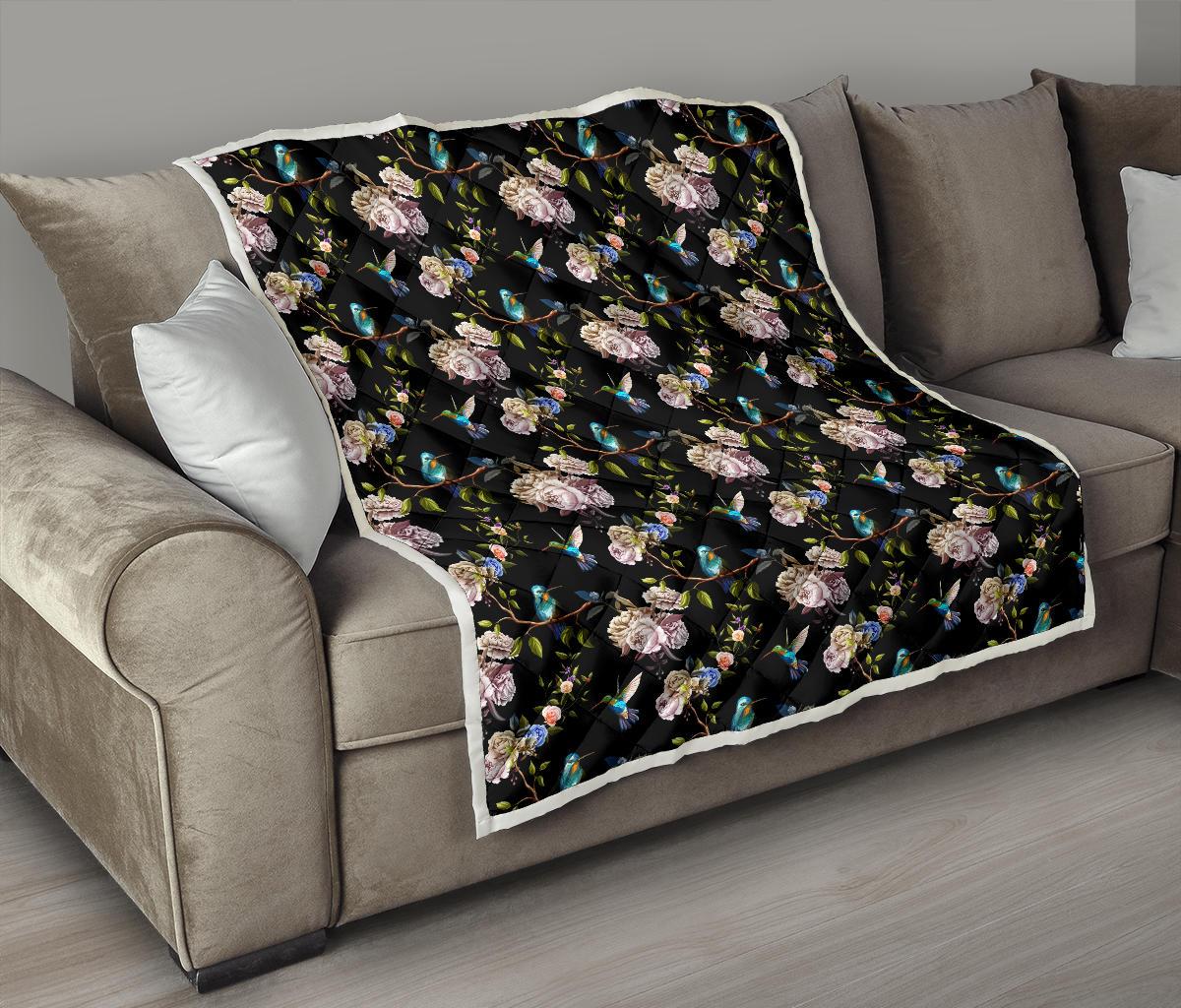 Hummingbird Flower Themed Print Premium Quilt-JTAMIGO.COM