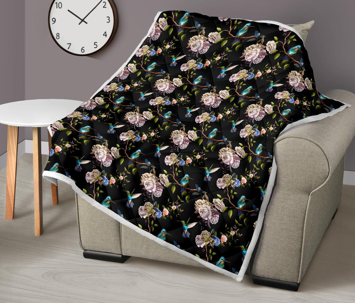 Hummingbird Flower Themed Print Premium Quilt-JTAMIGO.COM