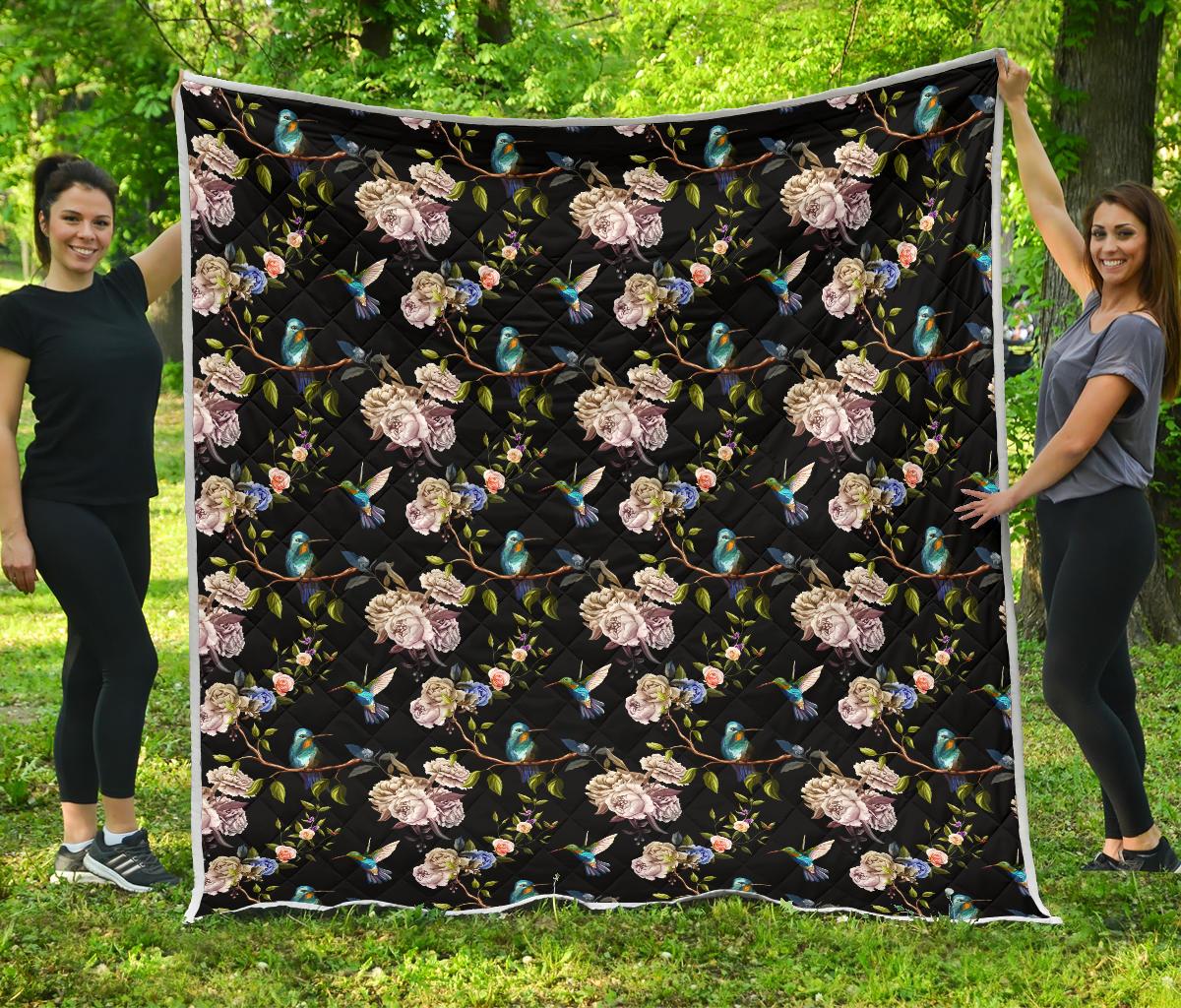 Hummingbird Flower Themed Print Premium Quilt-JTAMIGO.COM