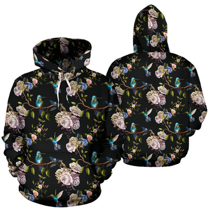 Hummingbird Flower Themed Print Pullover Hoodie