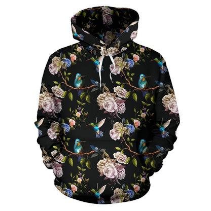 Hummingbird Flower Themed Print Pullover Hoodie
