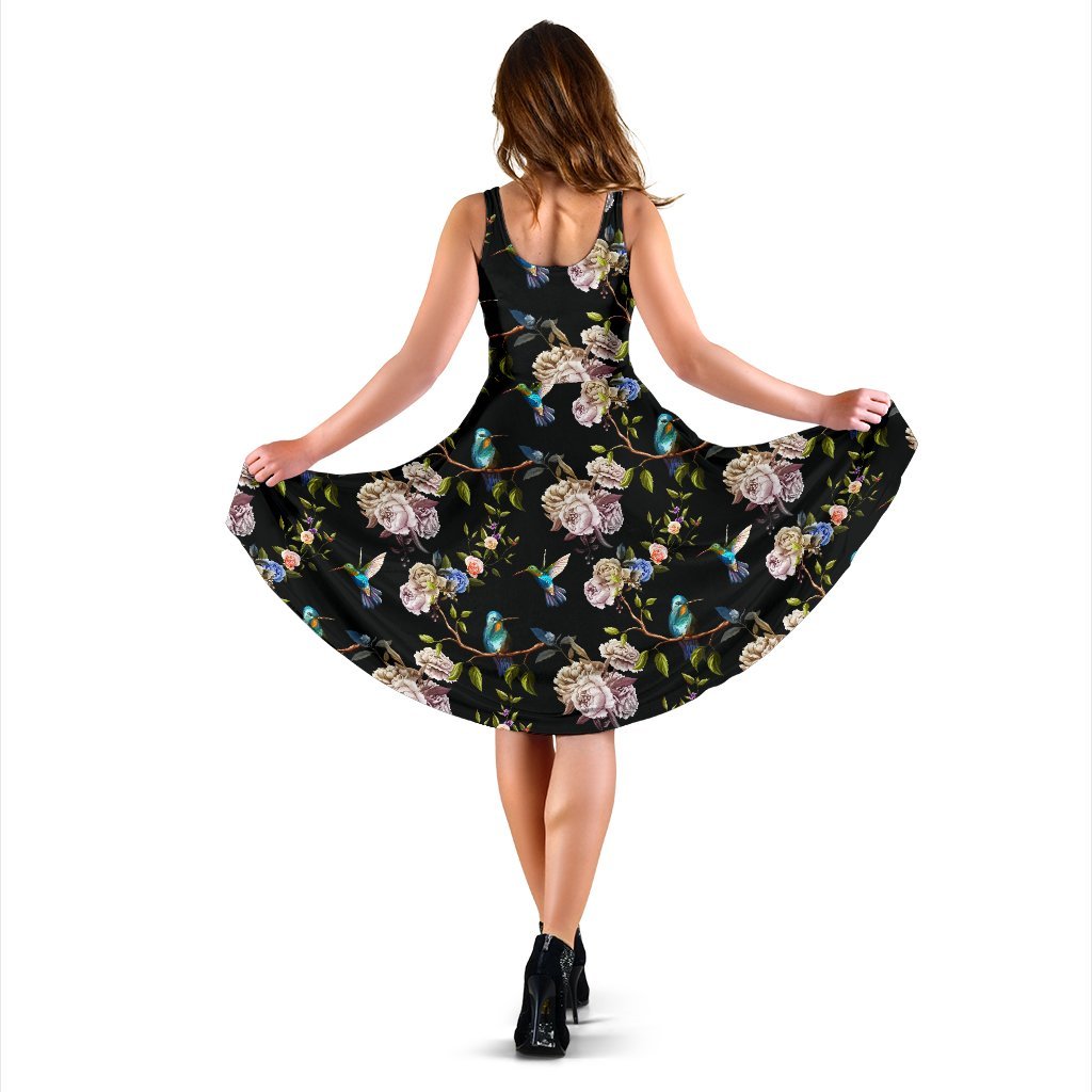 Hummingbird Flower Themed Print Sleeveless Dress