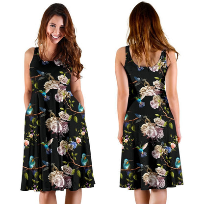 Hummingbird Flower Themed Print Sleeveless Dress