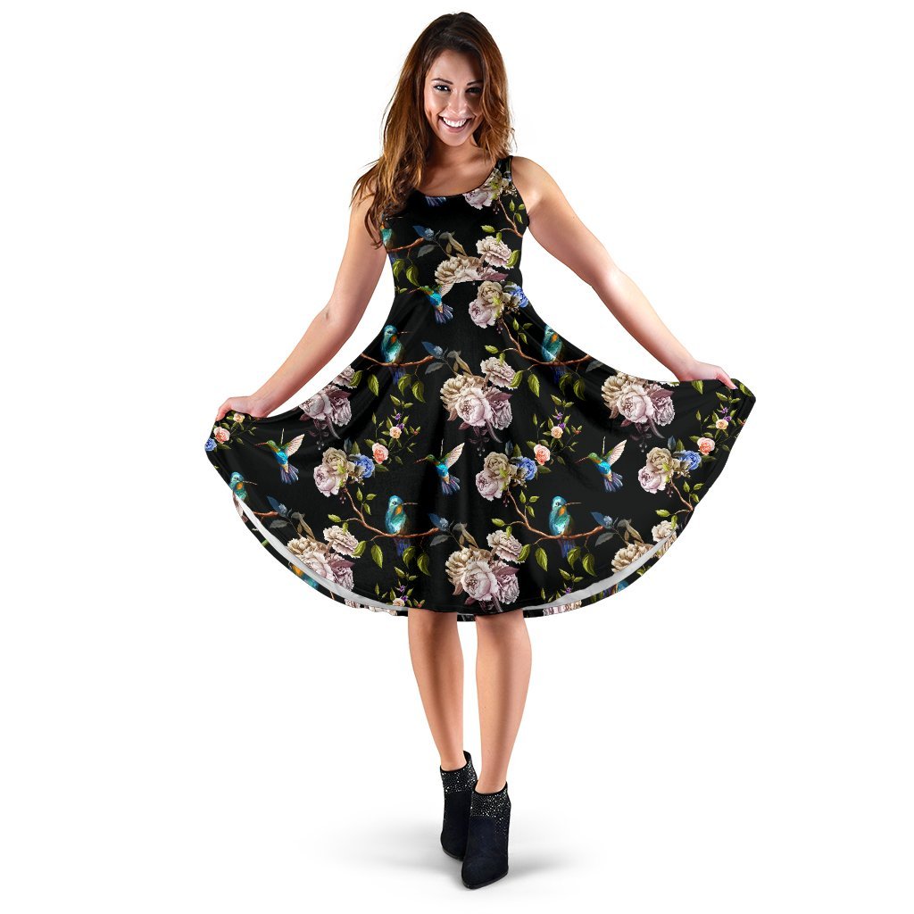 Hummingbird Flower Themed Print Sleeveless Dress