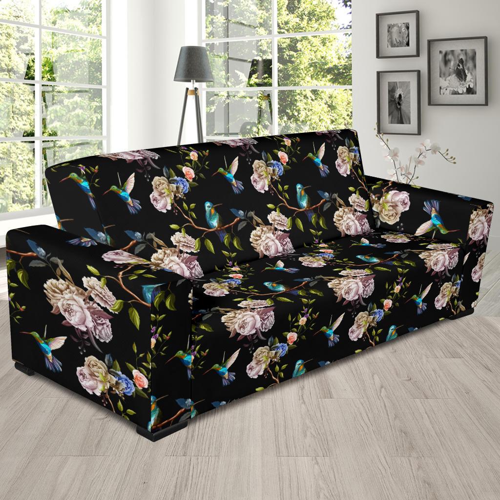 Hummingbird Flower Themed Print Sofa Slipcover-JTAMIGO.COM