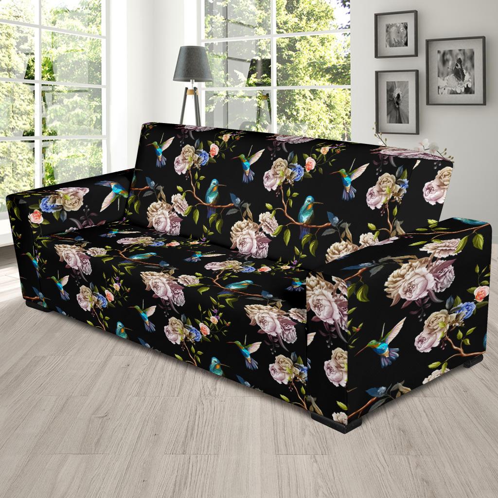 Hummingbird Flower Themed Print Sofa Slipcover-JTAMIGO.COM
