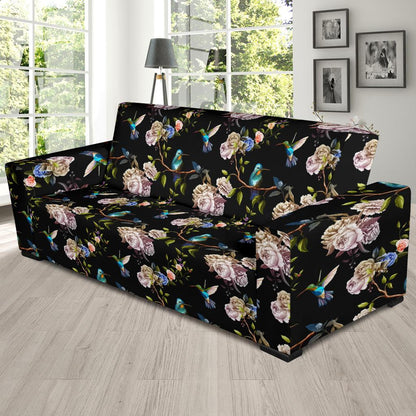 Hummingbird Flower Themed Print Sofa Slipcover-JTAMIGO.COM
