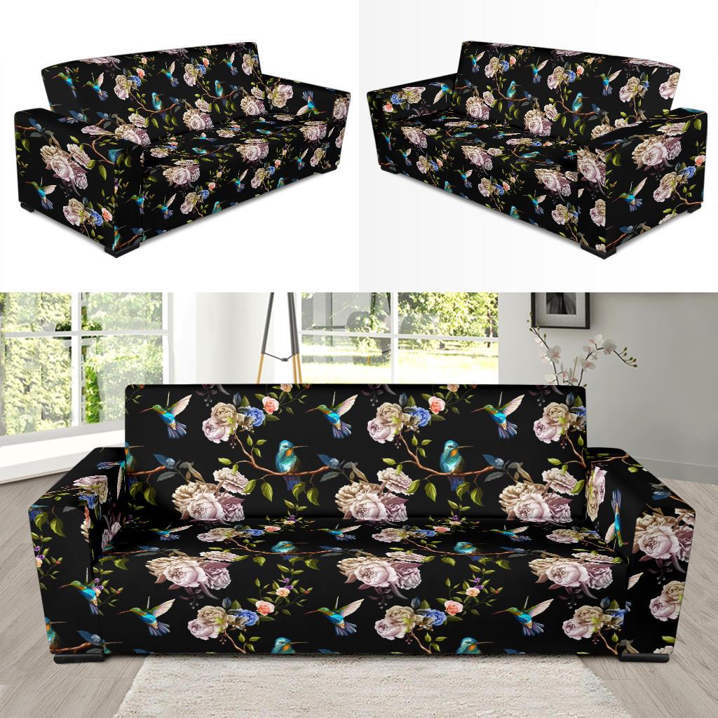 Hummingbird Flower Themed Print Sofa Slipcover-JTAMIGO.COM