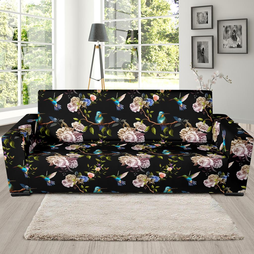 Hummingbird Flower Themed Print Sofa Slipcover-JTAMIGO.COM