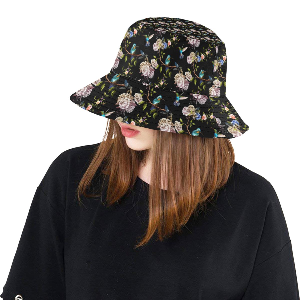 Hummingbird Flower Themed Print Unisex Bucket Hat