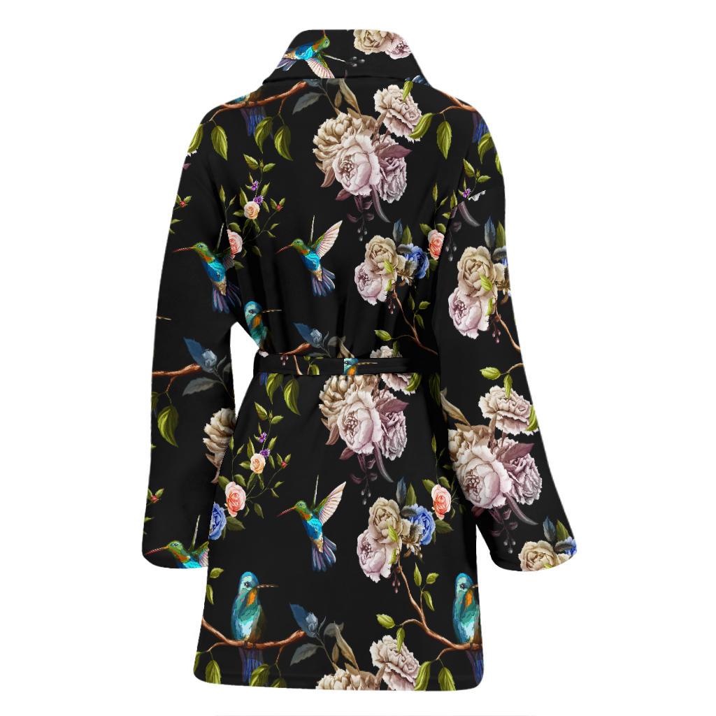 Hummingbird Flower Themed Print Women Bath Robe-JTAMIGO.COM